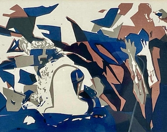 Danish Vintage Postmodern Expressionist Abstract Woodcut Print by