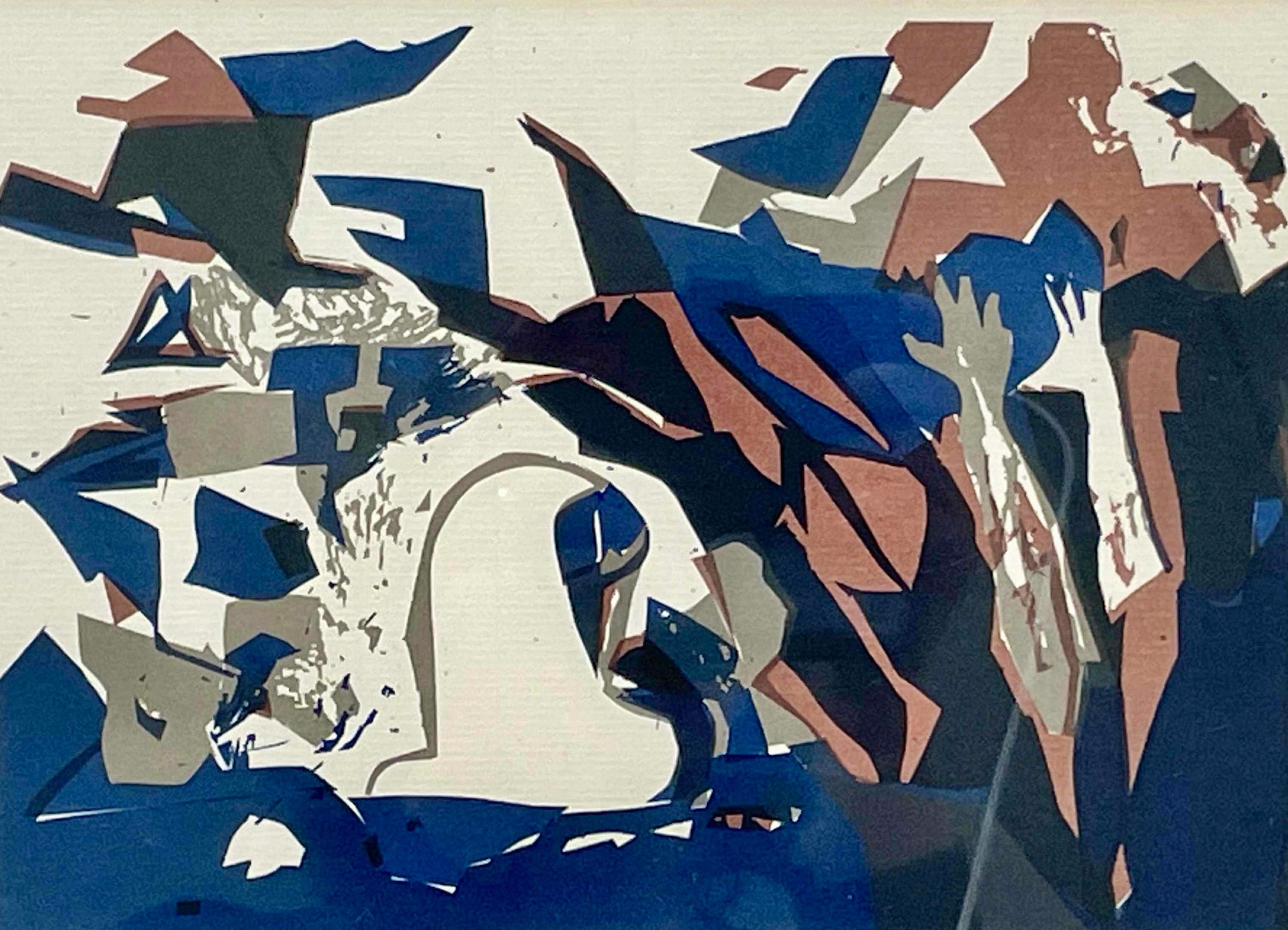Danish Vintage Postmodern Expressionist Abstract Woodcut Print by