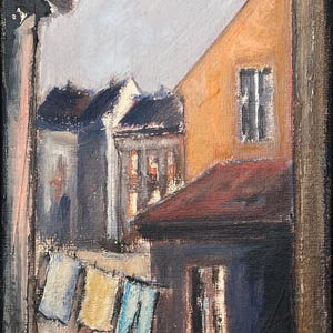 May include: A painting of a narrow street scene with buildings on either side. The buildings are painted in shades of brown, orange, and gray. There are clothes hanging on a line in the foreground. The painting is signed "Julian Banks" in the lower left corner.