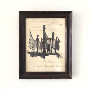 Disegno originale danese di metà secolo su carta di Ejnar Møller del 1977 con motivo di charter di pesca