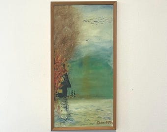Danish vintage abstract mid century oil painting by artist Etta Westing of burning farm from 1994
