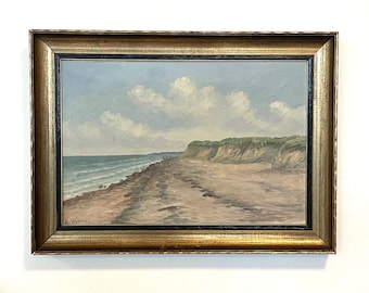 Antique Adolph Vollmer Oil Painting – Beach Ocean Landscape Canvas Art