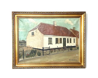Vintage 1940s mid century Danish oil on canvas signed painting by E. Møller with motive of a graceful countryside house with a front yard