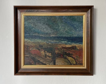 Original Danish vintage abstract expressionist oil on canvas landscape with ocean painting by Tove Schultz from the 1960s