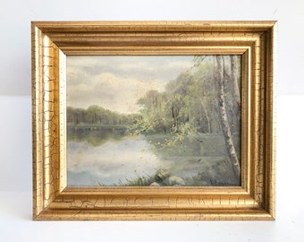 Vintage landscape oil painting from Denmark with motive of a large lake with surrounding birch trees