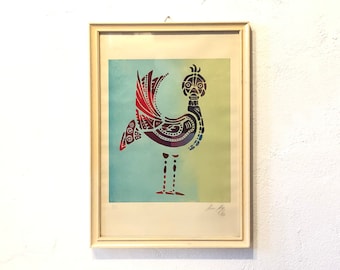 Danish original mid century print of abstract bird in great colors from 1977