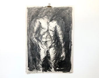 Danish vintage original John Hansen drawing with charcoal and ink from 1986 with abstract figurative torso motive