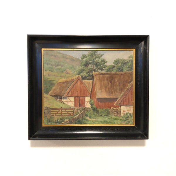 Peinture à l'huile antique danoise de 1924 par Karen Hagen avec motif de ferme dans un magnifique cadre paysager