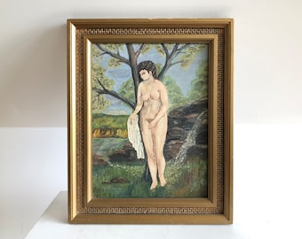 Vintage nude oil painting from the mid century - motive of woman in landscape scenery