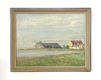 Mid century signed Danish oil painting with beautiful landscape motive of houses at a shoreline