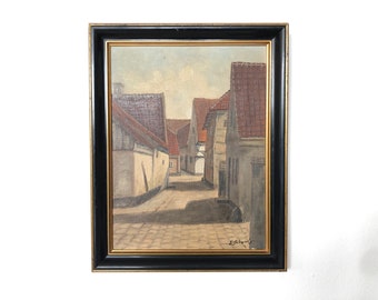 Original Danish oil on plate painting with motive from streets in a town with small houses  - signed E. Schwartz