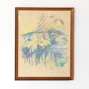 Disegno originale danese a pastello su carta del 1958 di Marie Louise Albrectsen (1908-1980) con motivo di Kregme, Sjælland