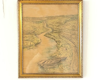 Danish landscape drawing from 1939 by A. Bundgaard Lassen with motive of river with boats and birds