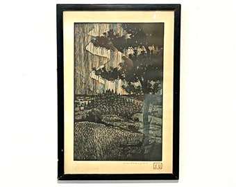 Original Danish mid century woodcut print by Sigurd Vasegaard  in black and white with motive of forest
