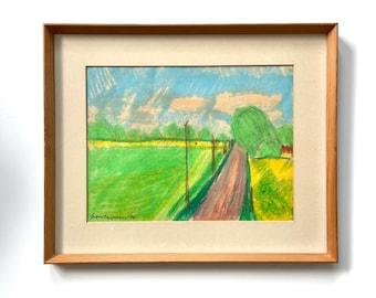 Torben Caspersen 1970s Danish Pastel Landscape Drawing: Dirt Road Trees