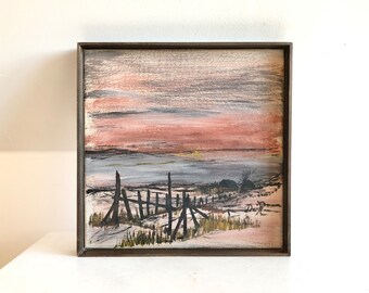 Mid century vintage oil painting from Denmark with motive of farm in a beautiful winter landscape and dark wooden frame
