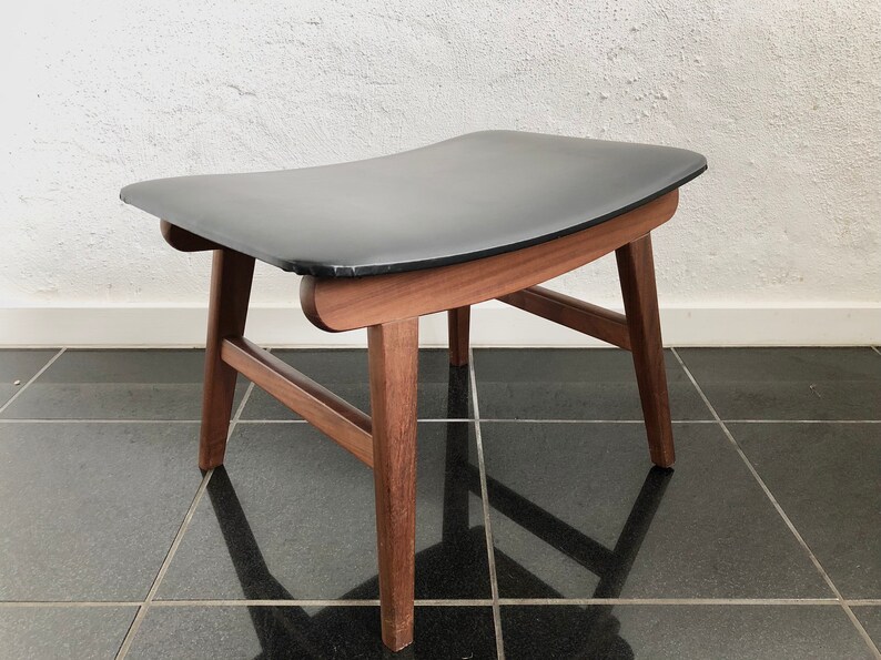 Danish Mid Century Teak Stool / Foot Rest With Black Cover Etsy