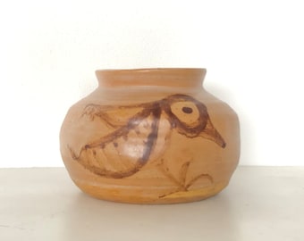 Danish mid century original fine art ceramic pottery vase with abstract bird decoration - signed BG 77