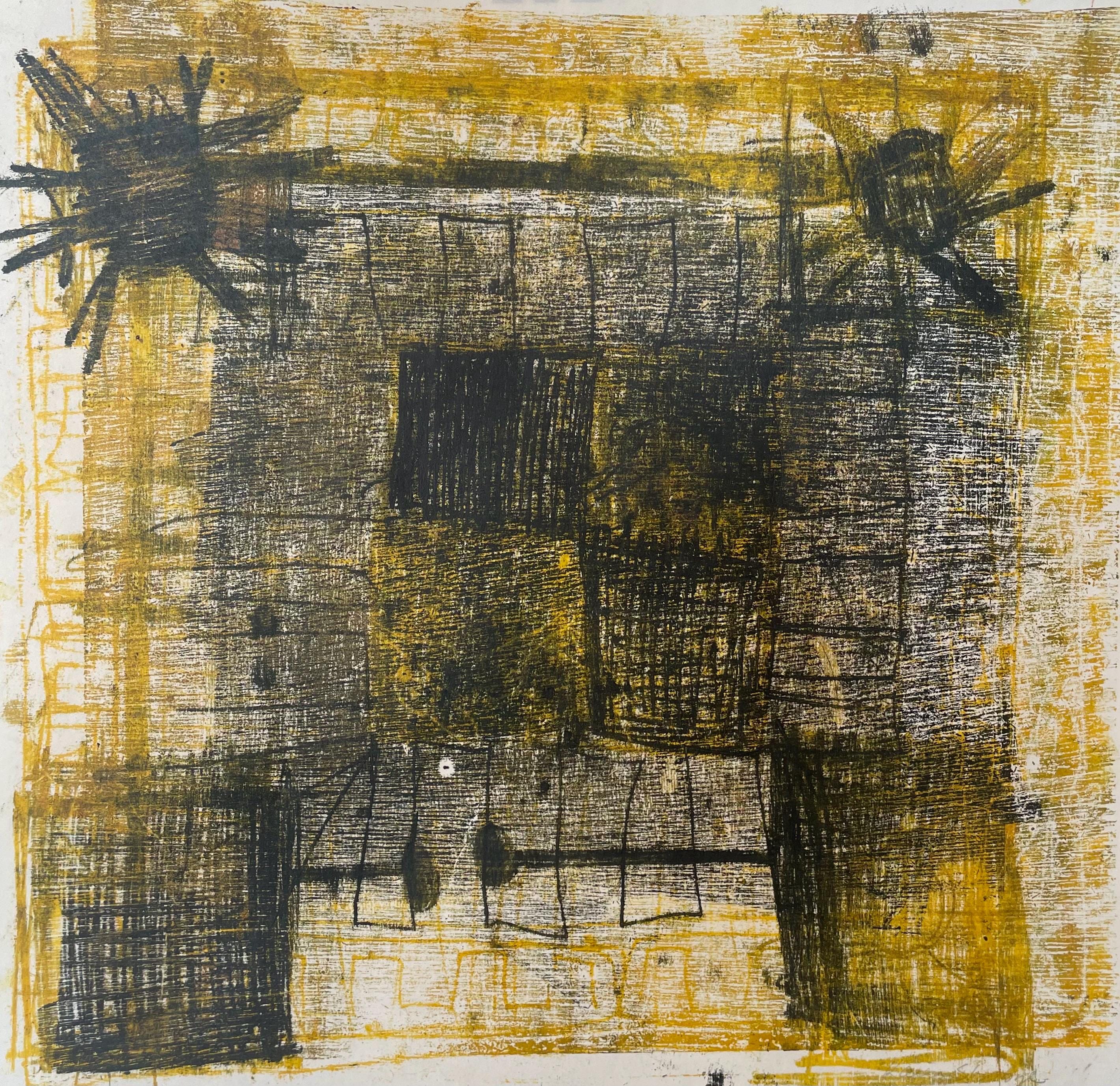 Vintage original postmodern signed print with pastel drawing from Denmark in strong yellow and black colours and abstract style