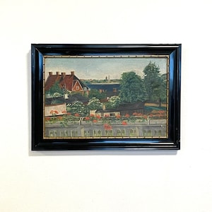 Pintura al óleo original europea antigua con motivo de un balcón cubierto de flores con vista al mar