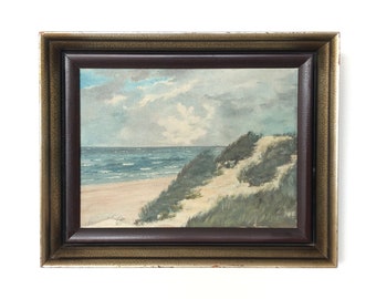 Huile sur toile vintage originale du Danemark avec un paysage de plage par temps nuageux