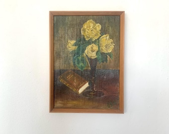 Mid century Danish vintage signed still life oil on canvas painting with motive of vase with flowers and a book