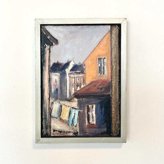 Danish vintage expressionist painting from the 1990s by Allan Banke (b. 1958) in strong colors with town motive