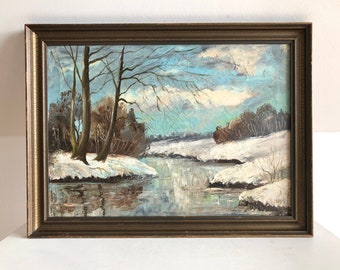 Vintage oil painting with motive of winter landscape from Odense Aa, Funen - original Danish art