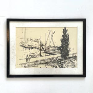 Disegno originale vintage di metà secolo 1960 in bianco e nero su carta di Mustafa Brdavic con motivo del porto