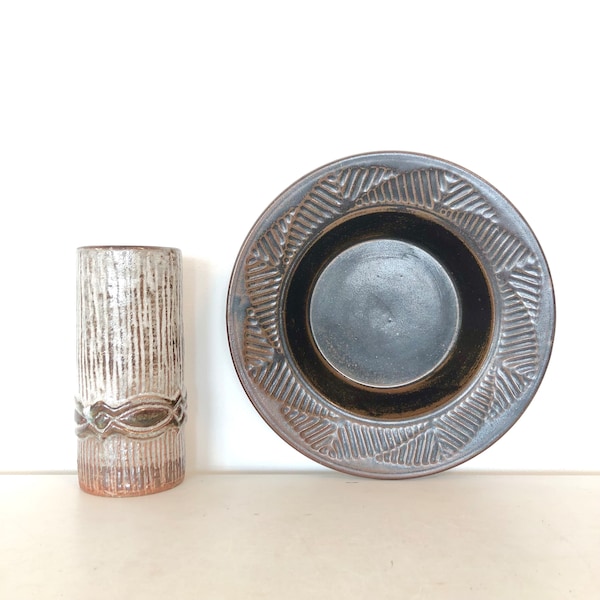 Vintage stone ware 1960s mid century modern fine art studio ceramic pieces from Denmark - collection of two