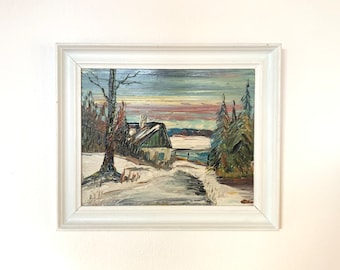 Winter landscape painting - mid century Danish original art - house at a lake with pine trees