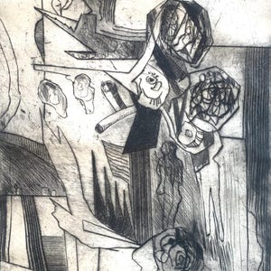 May include: A black and white etching on paper featuring abstract geometric shapes, linear patterns, and fragmented forms. The composition includes a central figure-like outline, circular motifs, and dense cross-hatching, with the initials BL in the corner.