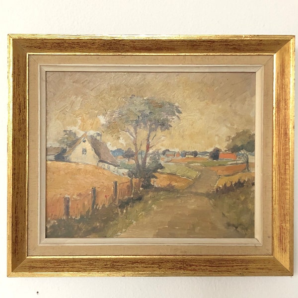 Danish expressionist mid century signed oil on plate painting with motive of small countryside village