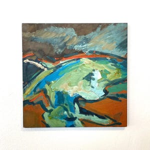 Abstract vintage original Danish mid century signed oil on plate painting from the 1970s in strong colours