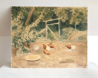 Original Danish watercolor by Thorkild Knudsen with motive of hens in garden in great warm colors