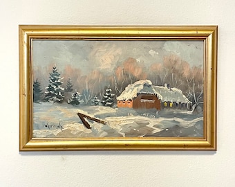 Otto Krank (1917-2009) oil painting from the 1960s - winter landscape with farm and beautiful light