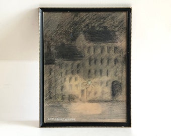 Danish vintage drawing from 1946 of urban building with glowing citylight at Christianhavns Canal, Copenhagen