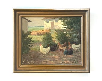 Vintage Danish signed mid century oil painting with motive of farm with hens in a beautiful landscape framed in a gold wooden frame