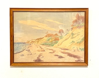 Originele Deense vintage aquareltekening uit de jaren 40 van Hans Lillemark met landschapsmotief met uitzicht op de oceaan en klif