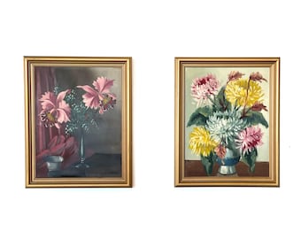 Still life floral oil paintings from Denmark - pair of two - mid century art