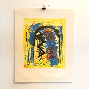 Disegno originale vintage postmoderno a pastello su carta proveniente dalla Danimarca, in colori forti e stile astratto
