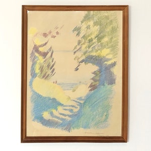 Disegno originale danese a pastello su carta del 1958 di Marie Louise Albrectsen (1908-1980) con motivo di Kregme, Sjælland