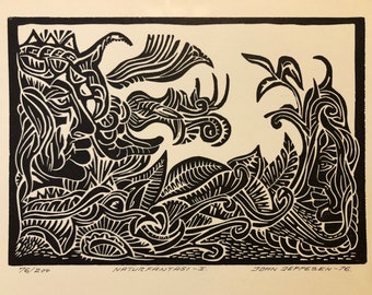 John Jeppesen vintage mid century 1970s original set of two linocut prints with psychedelic motives of fantasy nature