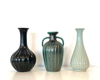 Vintage Danish 1960s mid century modern fine art studio ceramic collection of three vases with ridges and gorgeous glaze