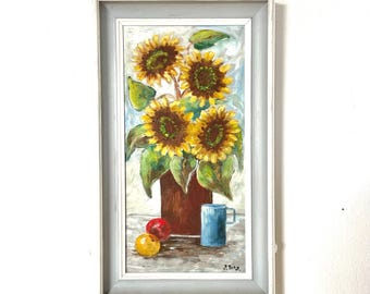 Danish Still Life by E. Berg - Vintage Sunflower Oil Painting
