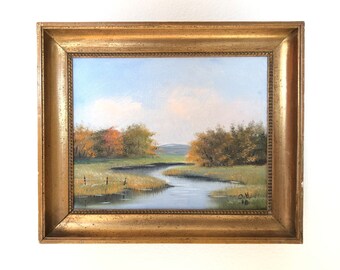 Vintage Danish oil painting with motive of a stream running through a landscape with green fields and forest