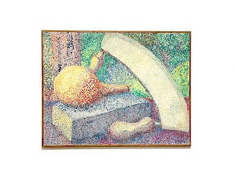 Vintage pointillist oil painting from Denmark - expressionist mid century original art - Vegetables in kitchen
