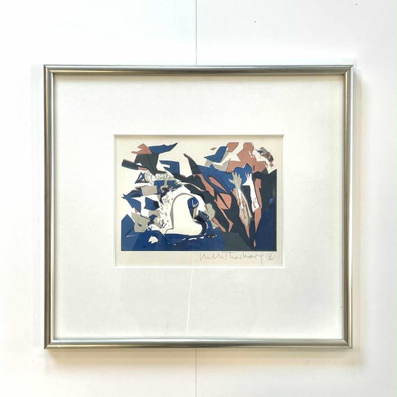 Danish Vintage Postmodern Expressionist Abstract Woodcut Print by