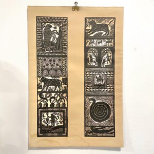 Stampa litografica originale danese d'epoca con motivi animali e fiabeschi di Sonia Brandes (1946-) - arte espressionista dalla Danimarca