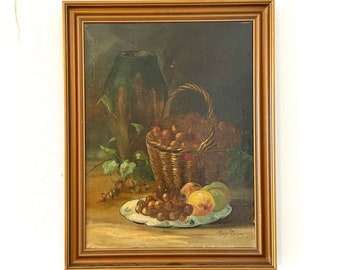 Hugo Petersen stunning vintage still life 1930s original oil painting with motive of fruit and ceramic vase in a dark setting